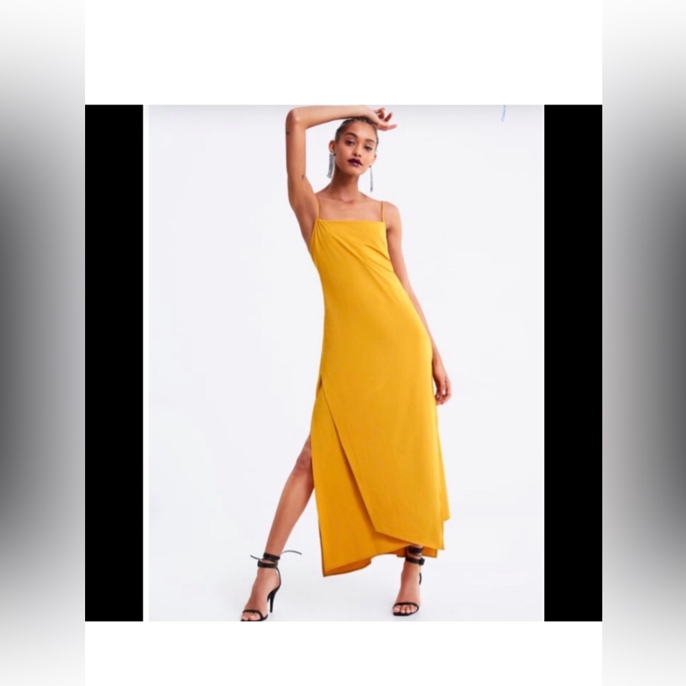 NWT Zara Mustard Yellow Asymmetrical Slip Dress L - Picture 2 of 9
